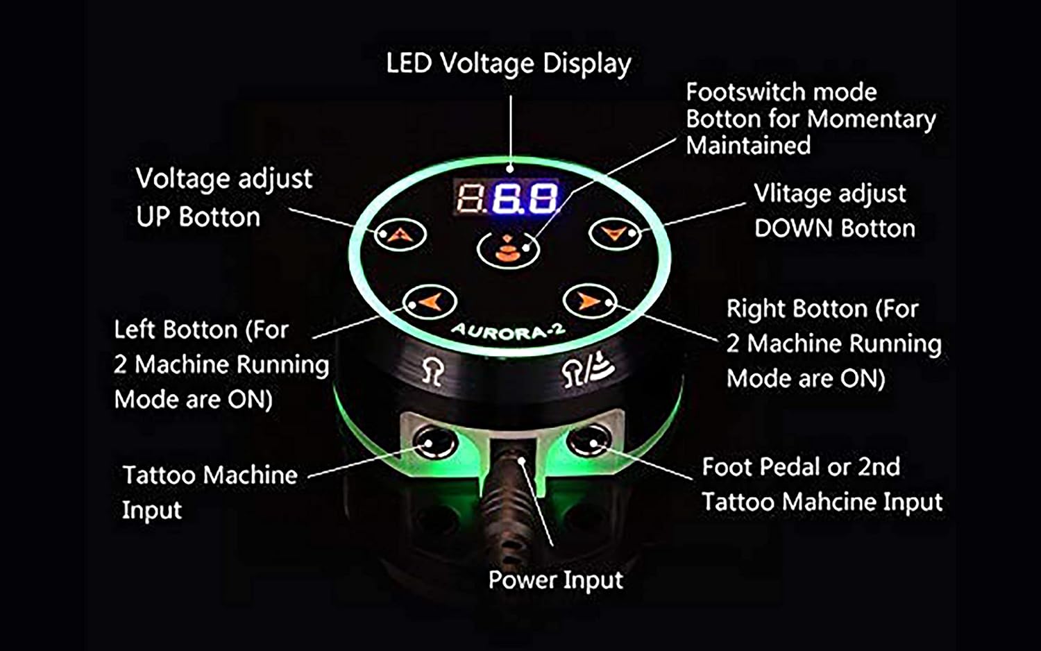 Professional Tattoo Power Supply - Aurora Colorful 2nd Generation with Digital Display, Push Button - Image 3