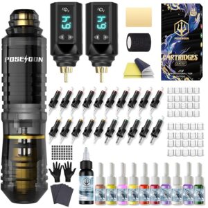 POSEIDON Tattoo Pen Kit with 2pcs Batteries , with 20pcs Tattoo cartridge needle tattoo machine kit with , 11pcs tattoo ink for beginner