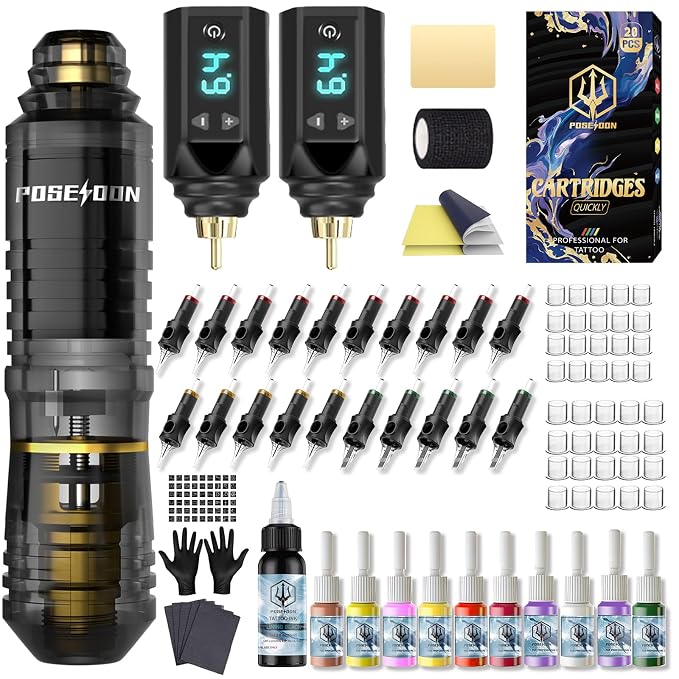 POSEIDON Tattoo Pen Kit with 2pcs Batteries , with 20pcs Tattoo cartridge needle tattoo machine kit with , 11pcs tattoo ink for beginner